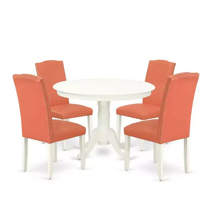 Round Dinette Set 5Pc - 42 Inch Table & 4 Chairs - Pink Flamingo PU Leather - Home Kitchen Furniture