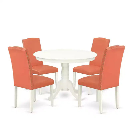 Round Dinette Set 5Pc - 42 Inch Table & 4 Chairs - Pink Flamingo PU Leather - Home Kitchen Furniture