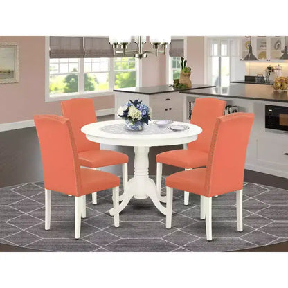 Ensemble Table de Salle à Manger Ronde 5 Pièces - Table de 42 Pouces et 4 Chaises - Cuir PU Rose Flamant - Meubles de Cuisine