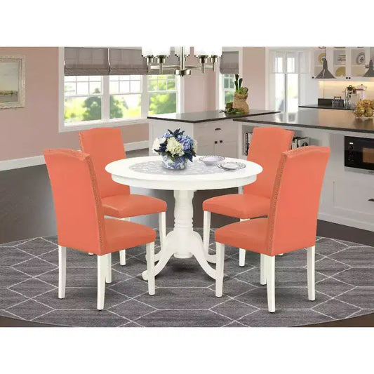 Ensemble Table de Salle à Manger Ronde 5 Pièces - Table de 42 Pouces et 4 Chaises - Cuir PU Rose Flamant - Meubles de Cuisine