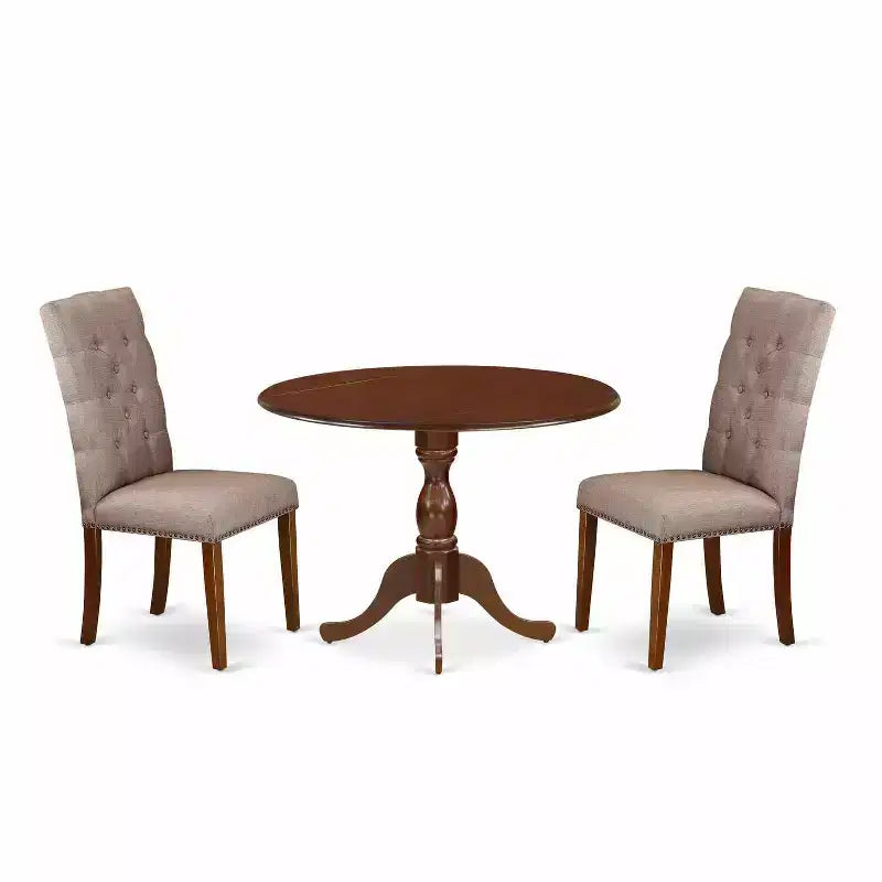 3-Piece Mahogany Finish Solid Wood Top Button Tufted Dining Room Set (Seats-4)