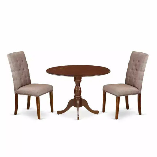 3-Piece Mahogany Finish Solid Wood Top Button Tufted Dining Room Set (Seats-4)