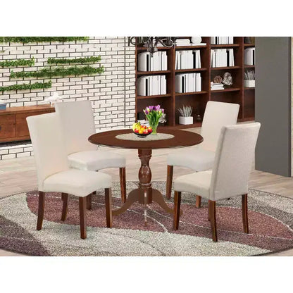Table à manger 5 pièces en bois massif finition acajou avec 4 chaises et rabat latéral