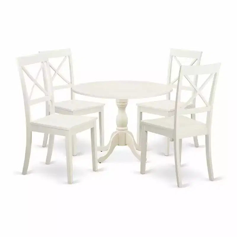 HomeStock 5-Piece Linen White Finish Solid Wood Top Dining table with 4-Chairs with Drop Leaf Lattice Back