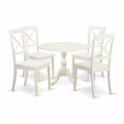 HomeStock 5-Piece Linen White Finish Solid Wood Top Dining table with 4-Chairs with Drop Leaf Lattice Back