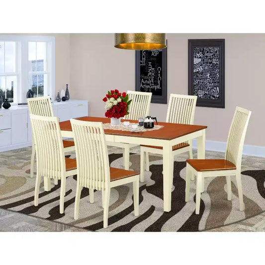 Table à manger HomeStock 7 pièces avec plateau en bois massif finition cerisier et crème, et 6 chaises