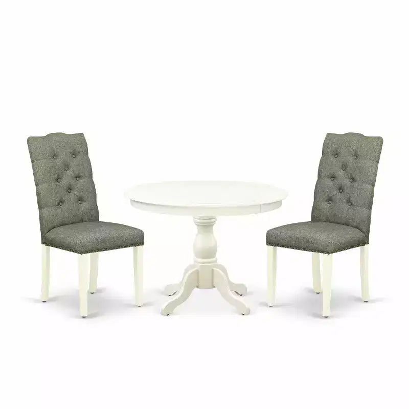 3-Piece Linen White Finish Solid Wood Top - Button Tufted Dining Room Set - Seats 4