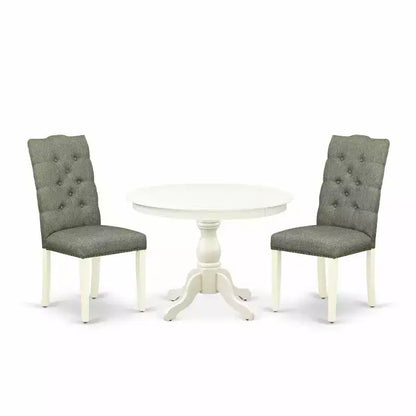 3-Piece Linen White Finish Solid Wood Top - Button Tufted Dining Room Set - Seats 4
