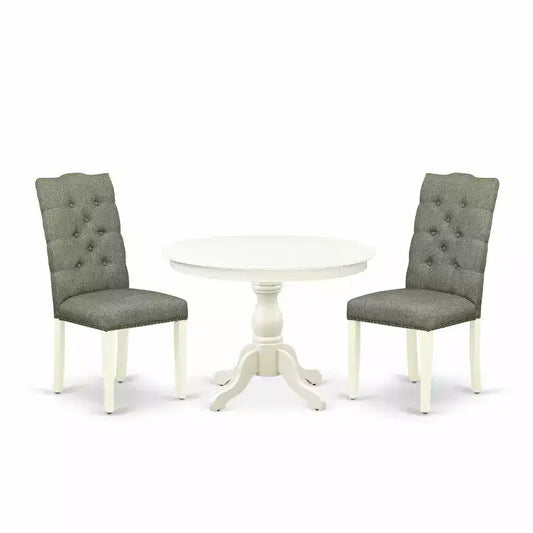 3-Piece Linen White Finish Solid Wood Top - Button Tufted Dining Room Set - Seats 4