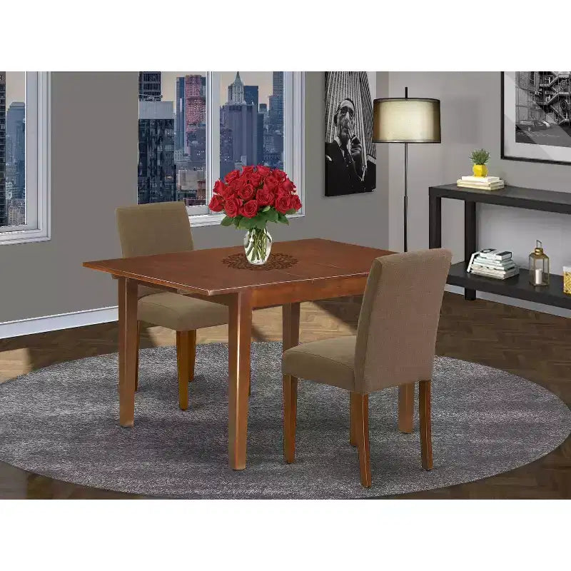 Ensemble de dînette rectangulaire - 3 pièces : 1 table et 2 chaises - Table de 107 cm avec rallonge papillon - Tissu en lin et pieds en acajou