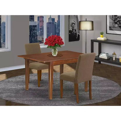 Ensemble de dînette rectangulaire - 3 pièces : 1 table et 2 chaises - Table de 107 cm avec rallonge papillon - Tissu en lin et pieds en acajou