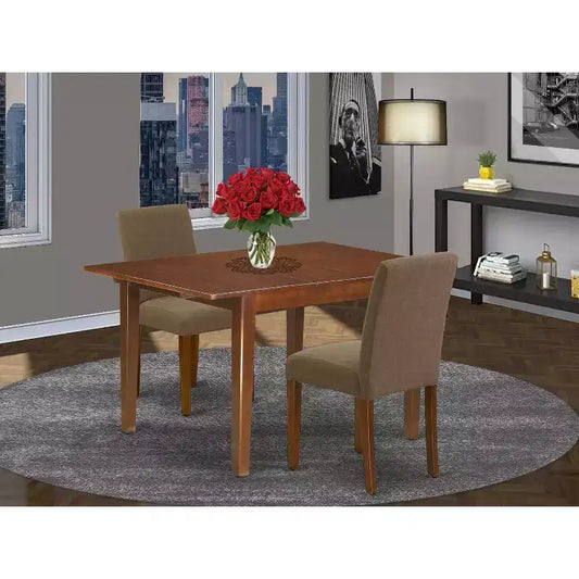 Ensemble de dînette rectangulaire - 3 pièces : 1 table et 2 chaises - Table de 107 cm avec rallonge papillon - Tissu en lin et pieds en acajou
