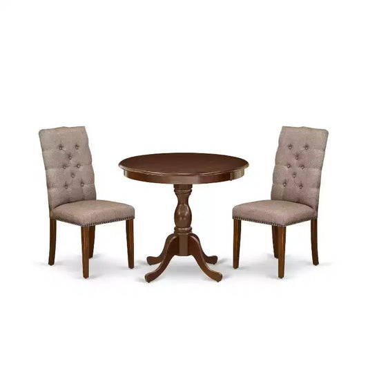 3-Piece Mahogany Finish Solid Wood Top Button Tufted Upholstered Dining Room Set (Seats-4)