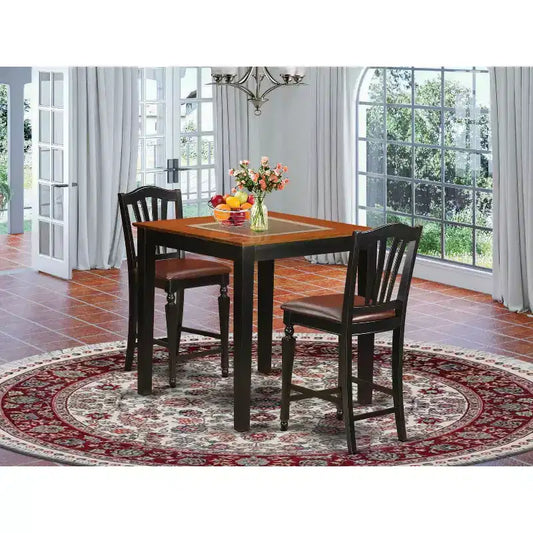 Ensemble de salle à manger hauteur comptoir – Table et chaises 3 pièces – Ensemble de cuisine/bar moderne – 36x36 pouces – Noir et cerisier