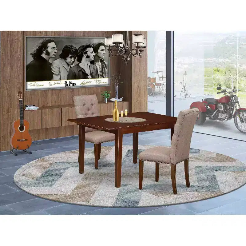 Ensemble de salle à manger 3 pièces HomeStock avec plateau rectangulaire en bois massif finition acajou et rallonge papillon