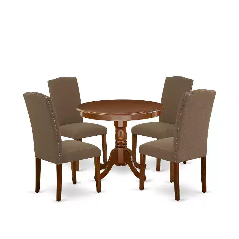 HomeStock 5-Piece Round Mahogany Finish Solid Wood Top Dining Table with 4 Parson Chair