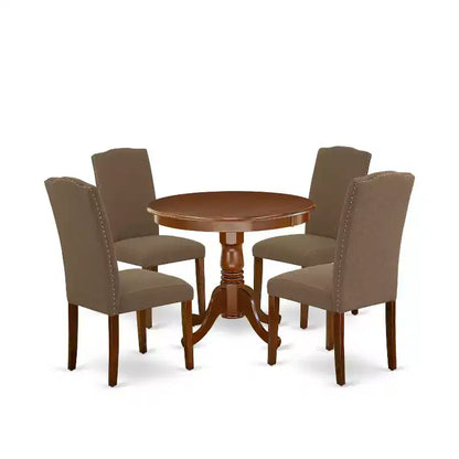 HomeStock 5-Piece Round Mahogany Finish Solid Wood Top Dining Table with 4 Parson Chair