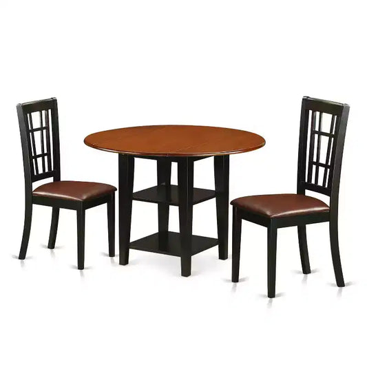 HomeStock 3-Piece Black and Cherry Finish Round Solid Wood Top Dining Table Set
