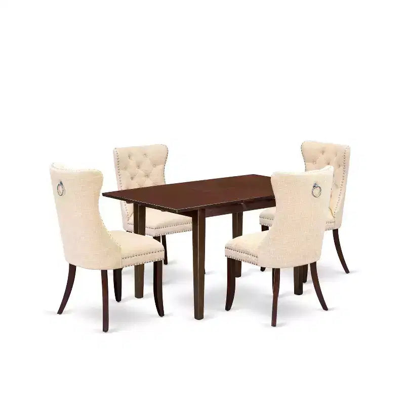 5-Piece Mahogany Finish Solid Wood Top - Rectangular Upholstered Dining Room Set - Seats 4