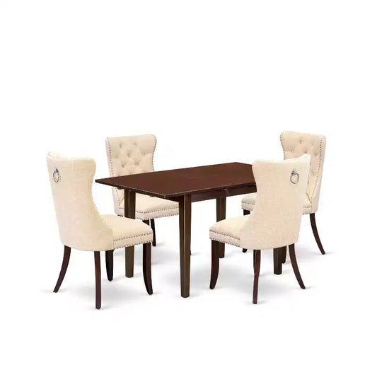 5-Piece Mahogany Finish Solid Wood Top - Rectangular Upholstered Dining Room Set - Seats 4
