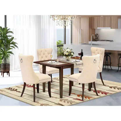 Ensemble de salle à manger rectangulaire 5 pièces en bois massif finition acajou, avec dessus de table et chaises rembourrées – 4 places