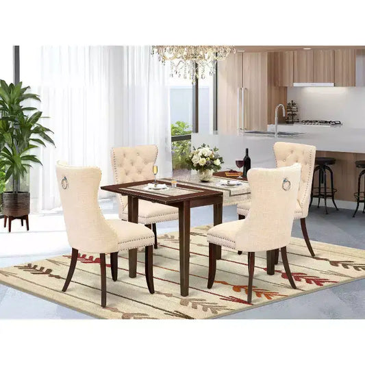 Ensemble de salle à manger rectangulaire 5 pièces en bois massif finition acajou, avec dessus de table et chaises rembourrées – 4 places