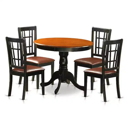 5-Piece Round Black Finish Solid Wood Top Dining table with 4-Chairs with