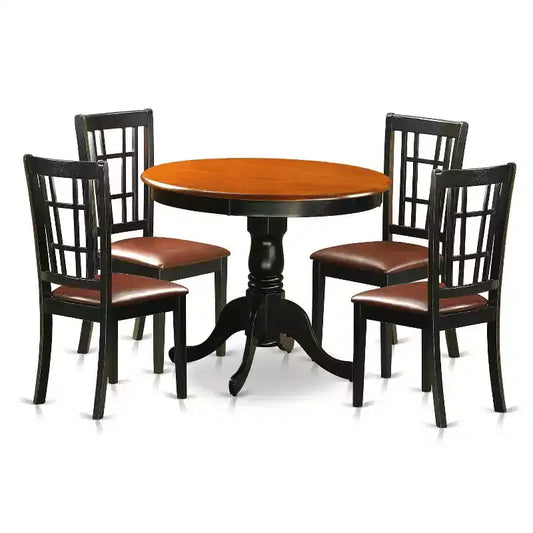 5-Piece Round Black Finish Solid Wood Top Dining table with 4-Chairs with