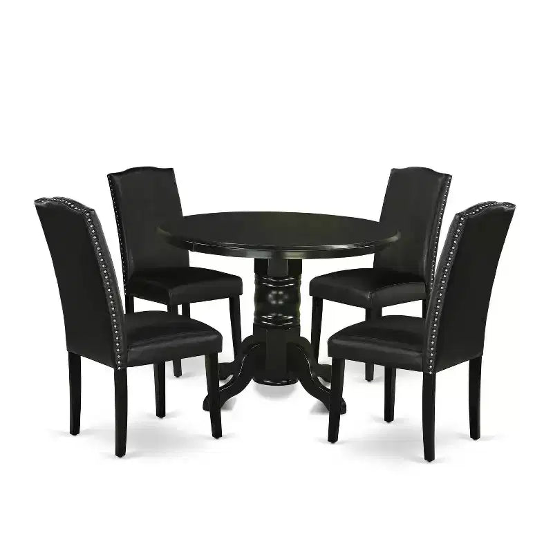 HomeStock 5-Piece Round Black Finish Solid Wood Top Dining Table with 4 Black Faux Leather Upholstered Parson Chairs, Seats 4