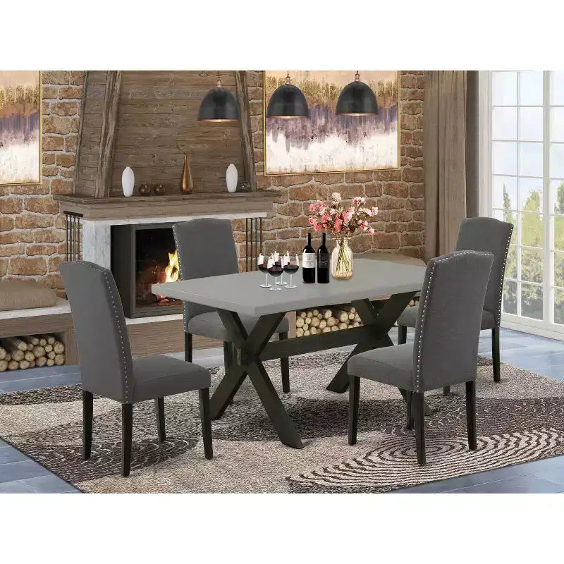 Table à manger 5 pièces rectangulaire avec plateau en bois massif finition chêne naturel et 4 chaises avec