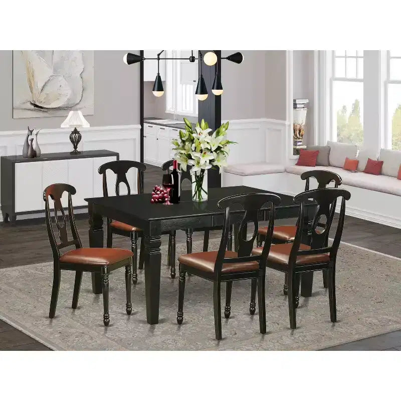 Table de salle à manger HomeStock 7 pièces rectangulaire au fini noir avec plateau en bois massif et 6 chaises