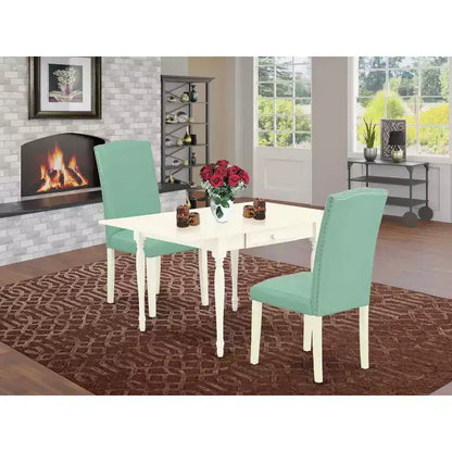 Ensemble de salle à manger 3 pièces HomeStock, plateau rectangulaire en bois massif, finition blanc lin, avec table à rabats