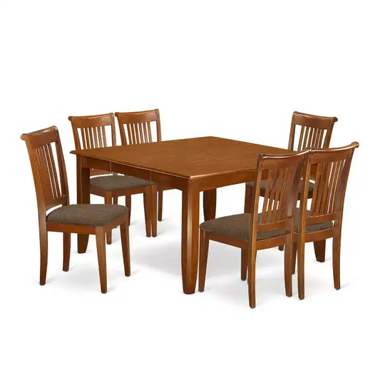HomeStock 7-Piece Square Saddle Brown Finish Solid Wood Top Dining Table with 6-Chairs