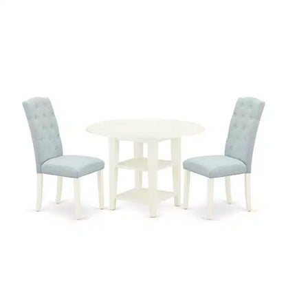 HomeStock 3-Piece Linen White Finish Round Solid Wood Top with Dropleaf Dining Table Set