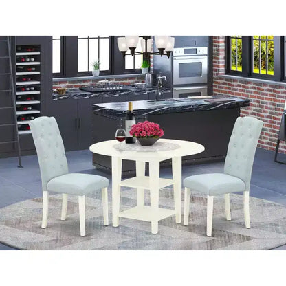 Ensemble de salle à manger 3 pièces HomeStock avec plateau rond en bois massif finition lin blanc et rallonges à rabat