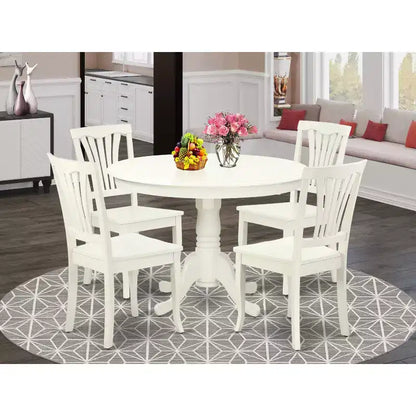 Ensemble de salle à manger rond - Table de cuisine 5 pièces avec 4 chaises - Finition blanc lin