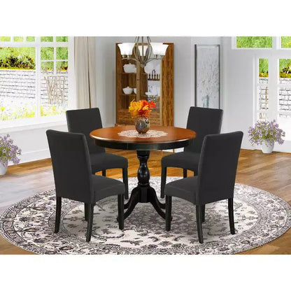 Table de salle à manger HomeStock à plateau en bois massif, 5 pièces, ronde, fini noir et cerisier, avec 4 chaises Parson