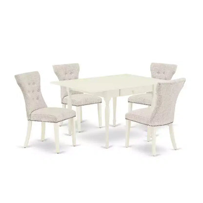 5-Piece Linen White Finish Solid Wood Top - Button Tufted Dining Room Set - Seats 4