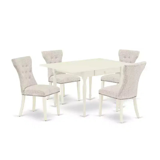 5-Piece Linen White Finish Solid Wood Top - Button Tufted Dining Room Set - Seats 4