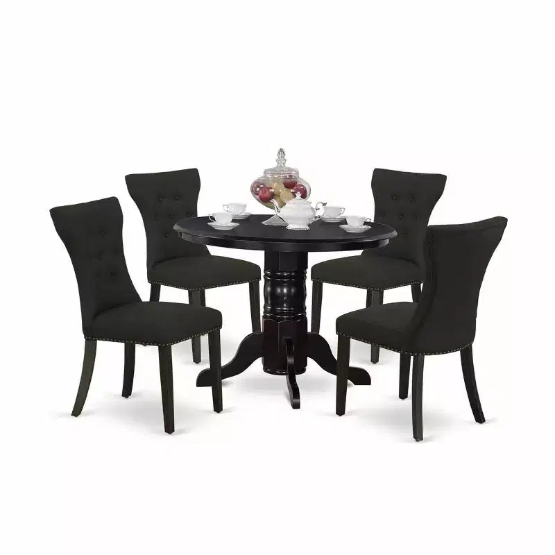 HomeStock 5-Piece Round Black Finish Solid Wood Top Dining Table with 4 Upholstered Chairs