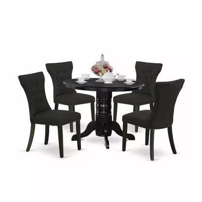 HomeStock 5-Piece Round Black Finish Solid Wood Top Dining Table with 4 Upholstered Chairs