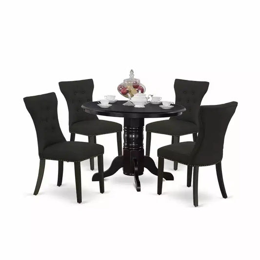 HomeStock 5-Piece Round Black Finish Solid Wood Top Dining Table with 4 Upholstered Chairs
