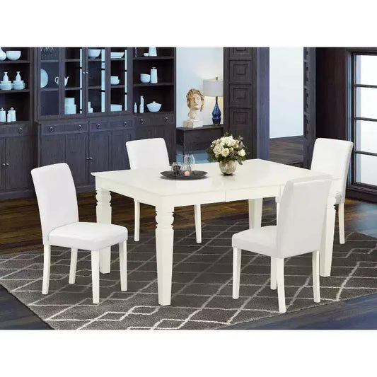 Ensemble de salle à manger 5 pièces rectangulaire 107x152 cm avec table et chaises pieds blancs lin