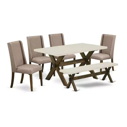 HomeStock 6-Pc Rectangle Distressed Jacobean Finish Solid Wood Top Dining Table with 1-Bench, 4-Chairs