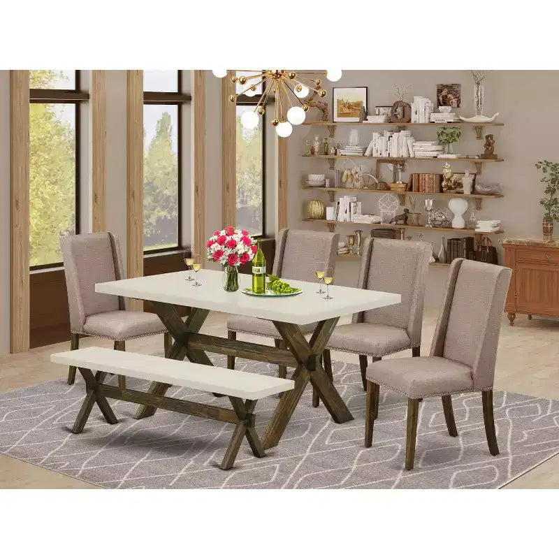 HomeStock Table à manger 6 pièces rectangulaire en bois massif finition jacobine vieillie avec 1 banc et 4 chaises