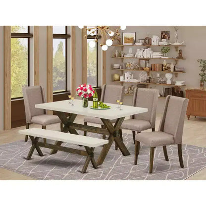 HomeStock Table à manger 6 pièces rectangulaire en bois massif finition jacobine vieillie avec 1 banc et 4 chaises