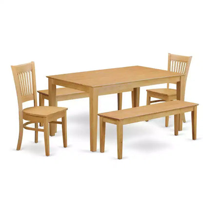 HomeStock 5-Piece Rectangle Natural Oak Finish Solid Wood Top Dining Table with 2 Benches, 2 Chairs