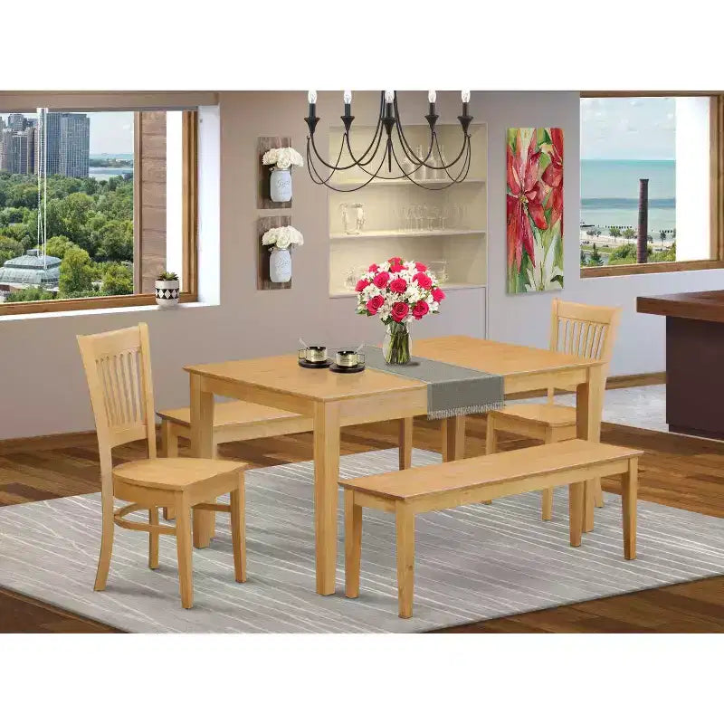 HomeStock Ensemble de 5 meubles de salle à manger, comprenant une table rectangulaire avec plateau en bois massif finition chêne naturel, 2 bancs et 2 chaises