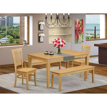 HomeStock Ensemble de 5 meubles de salle à manger, comprenant une table rectangulaire avec plateau en bois massif finition chêne naturel, 2 bancs et 2 chaises