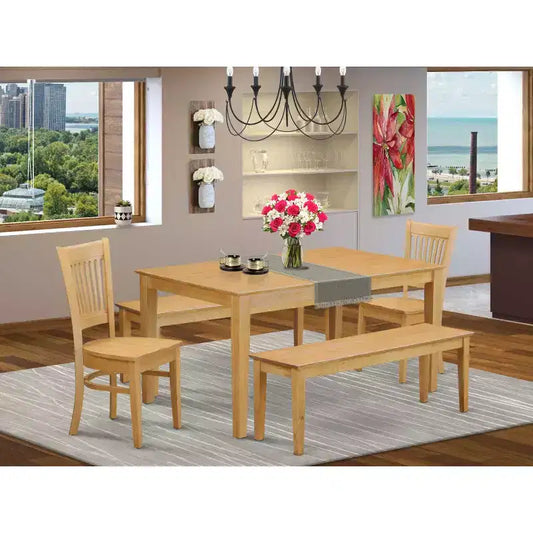 HomeStock Ensemble de 5 meubles de salle à manger, comprenant une table rectangulaire avec plateau en bois massif finition chêne naturel, 2 bancs et 2 chaises